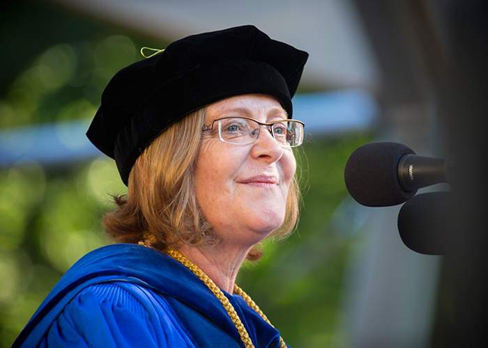 Emory President Claire E. Sterk presides over her first Commencement at the helm of the university.