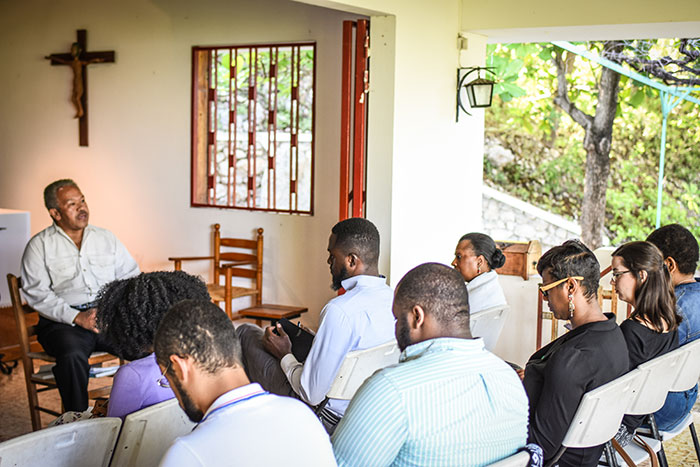 Participants in the Moral Leadership travel seminar visit a church located high on a mountaintop in Arcahaie, Haiti.