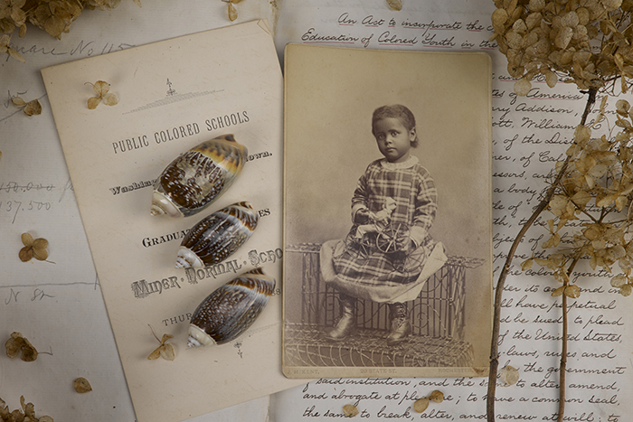 A photo of one of the vignettes includes a collage of handwritten class notes, a "Public Colored Schools" document and a photo of small girl.