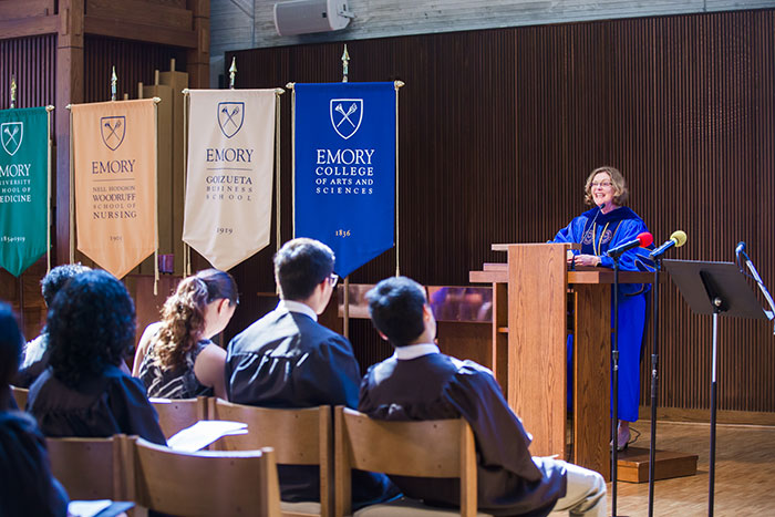 Emory President Claire E. Sterk addresses the audience at Emory's Baccalaureate