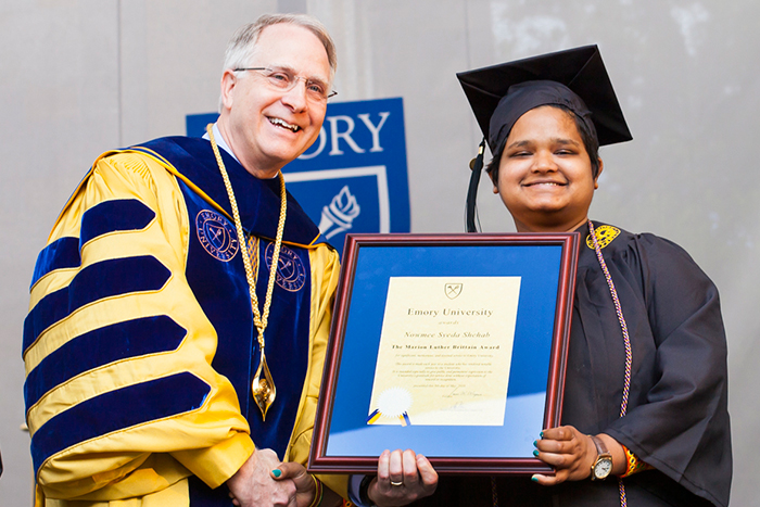 Nowmee Syeda Shehab 16C, who majored in women¿s, gender and sexuality studies, received the Marion Luther Brittain Service Award, the university¿s highest student award for service and leadership.