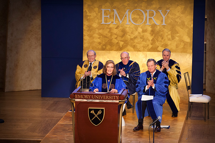 "Now is the right time for Emory to seize its ambition. We will make the right choices and leap forward," Sterk pledged in her inaugural address.