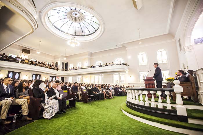 Oxford College Dean Douglas Hicks welcomed a capacity crowd to the student memorial service Sunday at Allen Memorial United Methodist Church on Emory's Oxford campus.