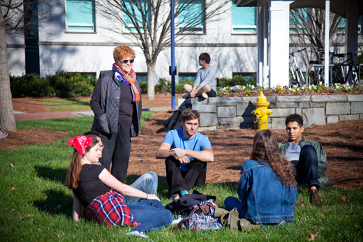 deborah lipstadt with students on quad during filming of movie