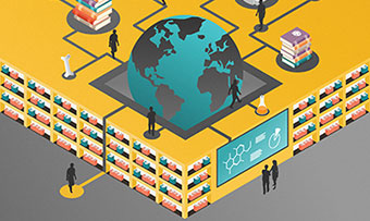 An illustration of a globe with various types of researchers contributing to its creation