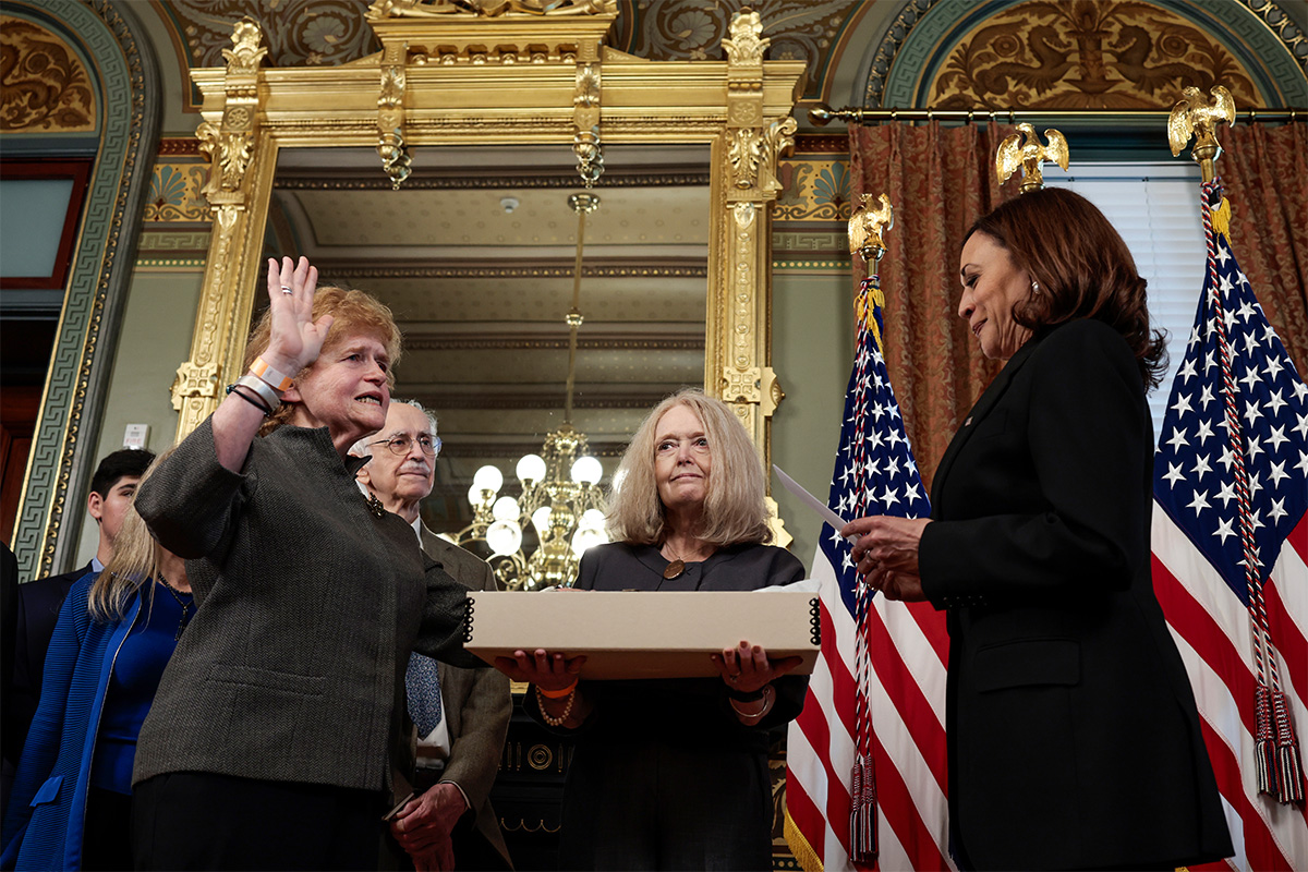Deborah Lipstadt being sworn in by Vice President Kamala Harris