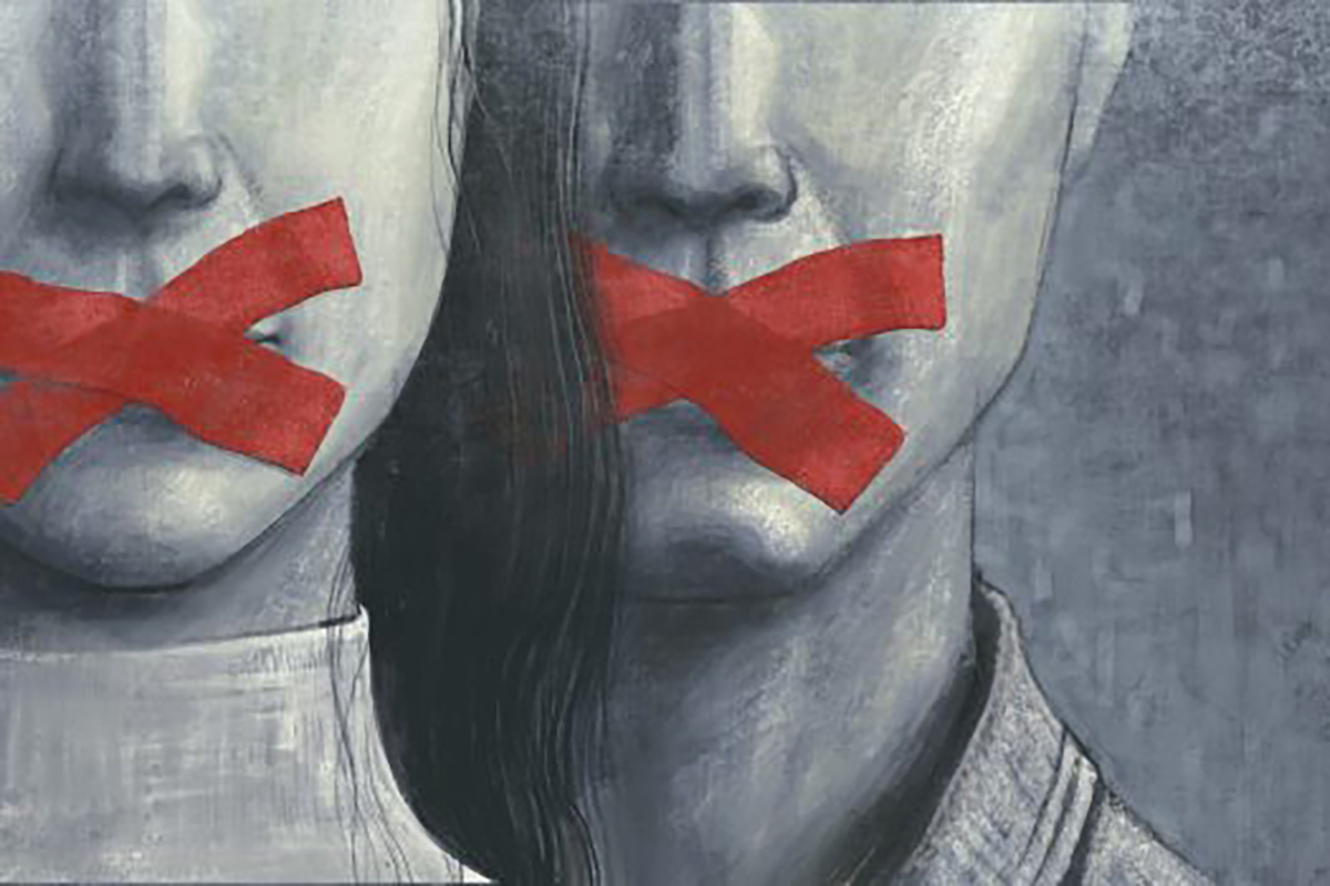 A gray-scale image of a man and woman with red tape marking an X over their mouths