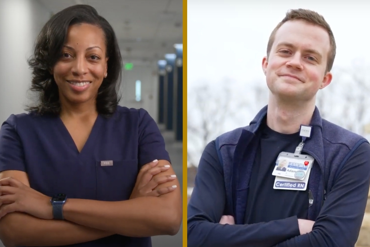 Portrait of Brittany Holston and Adam Bullock, both in Emory scrubs