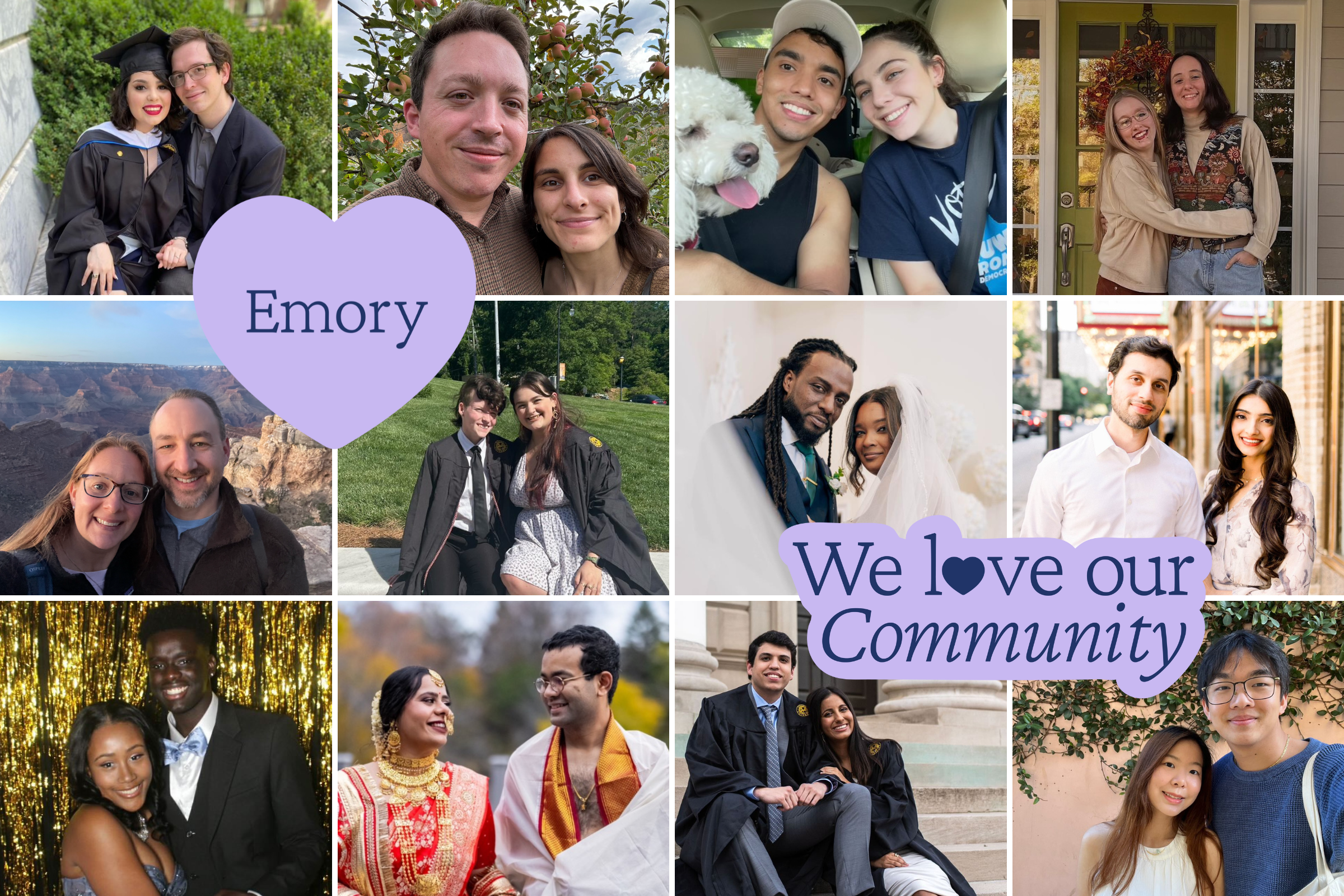 A collage of couples of various ages with a heart that says "Emory" and a sticker that reads "We love our community"