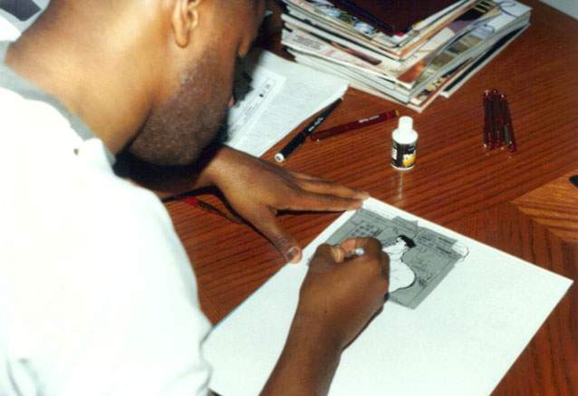 Dawud Anyabwile drawing &quot;Brotherman&quot; at his home, 1990