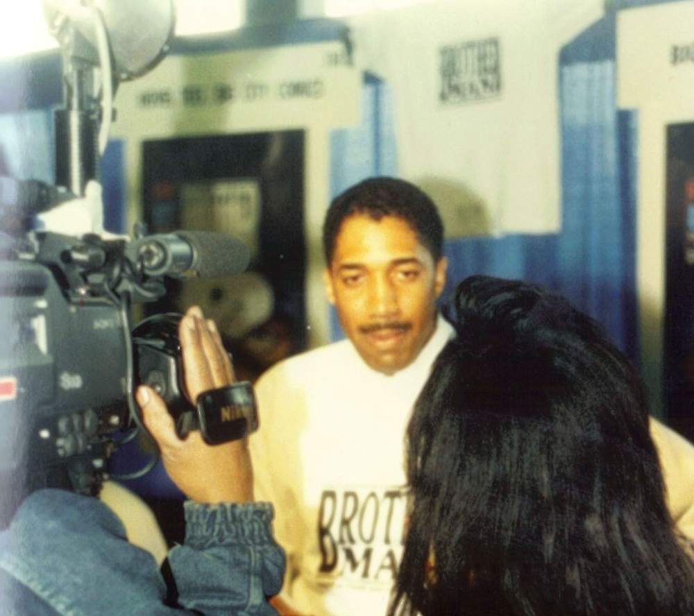 Guy A. Sims being interviewed by BET in New York City, April 1990