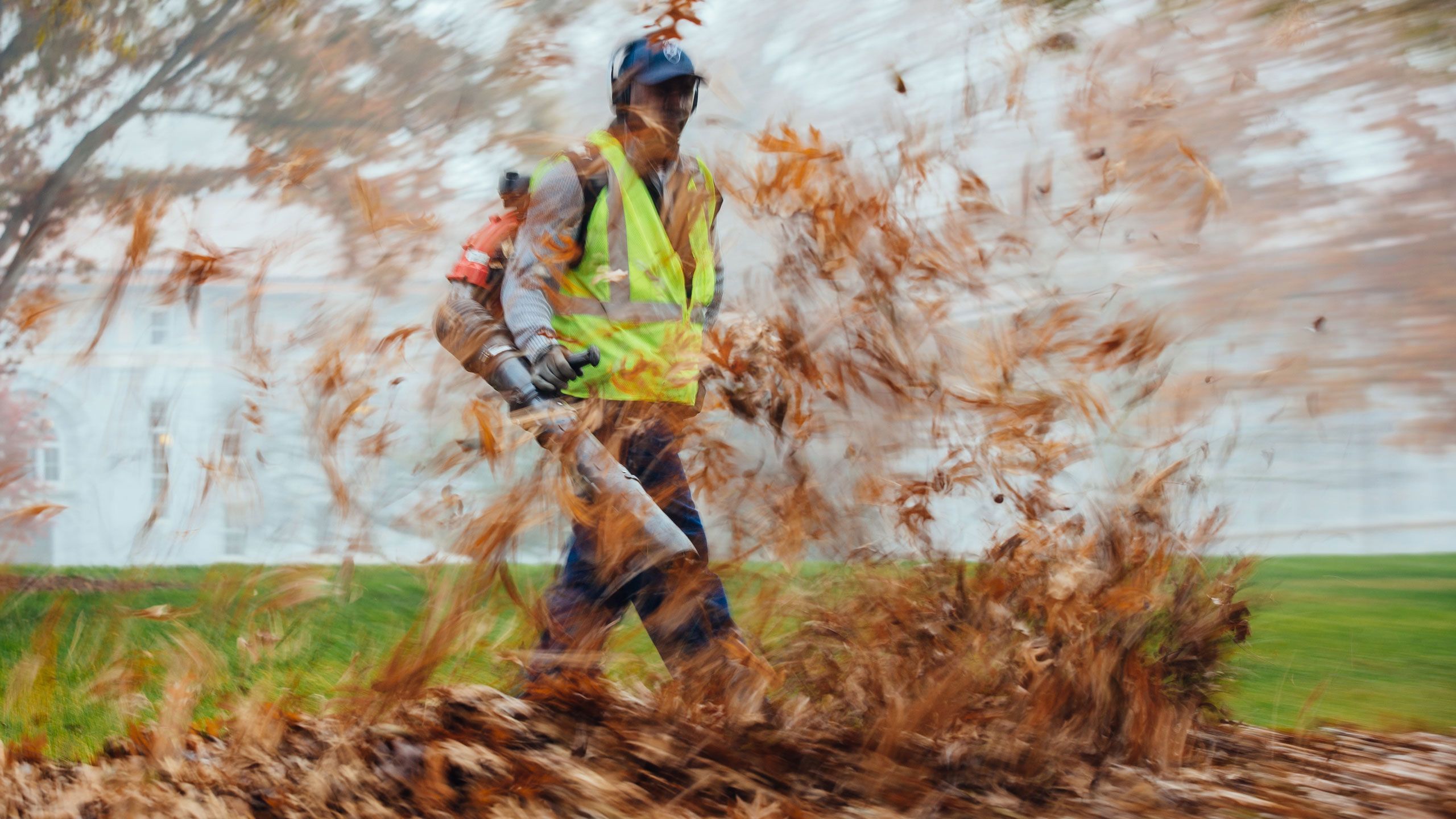 A Campus Services staff member blows leaves from the Emory Quad as the weather grows colder.