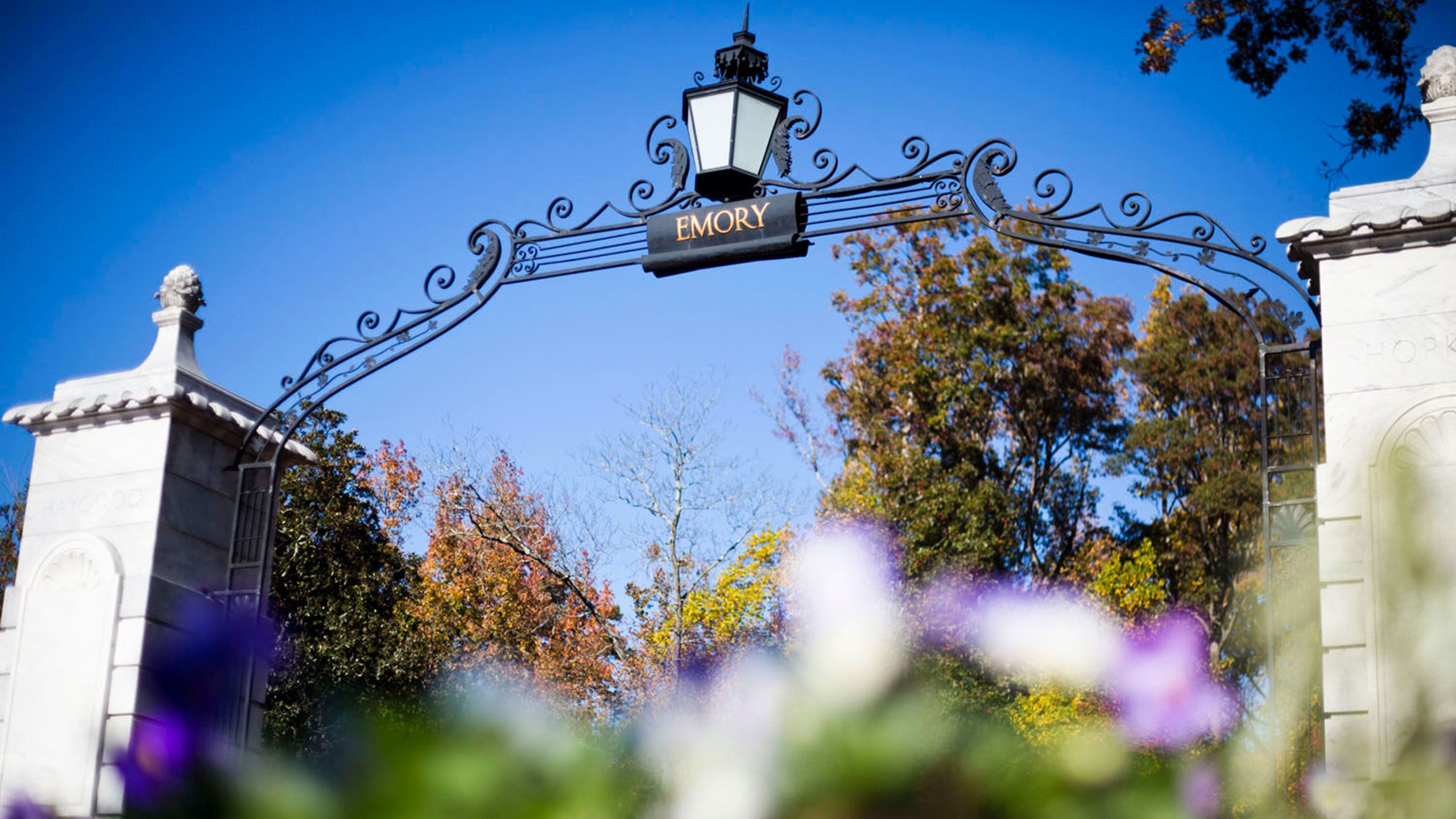 The Emory gate is surrounded by flowers with blue sky in the background