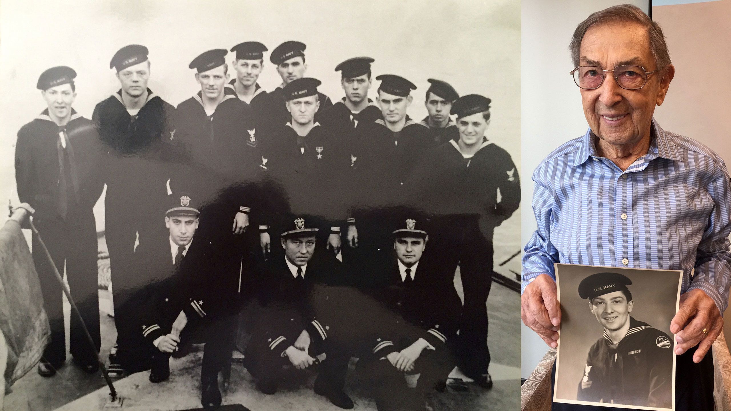 Sol Kaslow, now 92, holds a photo of himself in the Navy during World War II.