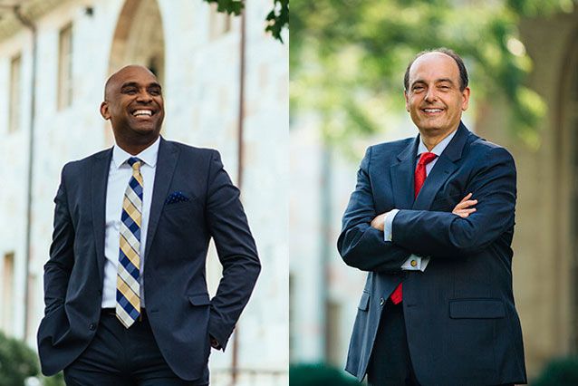 Side-by-side photos show Dwight McBride and Christopher Augostini posing on the Emory quadrangle.