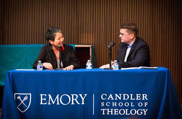 Rita Nakashima Brock, Michael Yandell&#39;s mentor at Brite Divinity School, speaks with him on a panel at Emory&#39;s symposium on moral injury, moral repair and moral leadership.