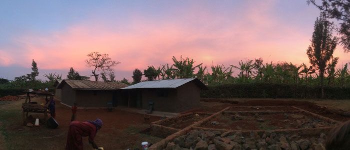 A woman works in a garden in Uganda as the sun sets.