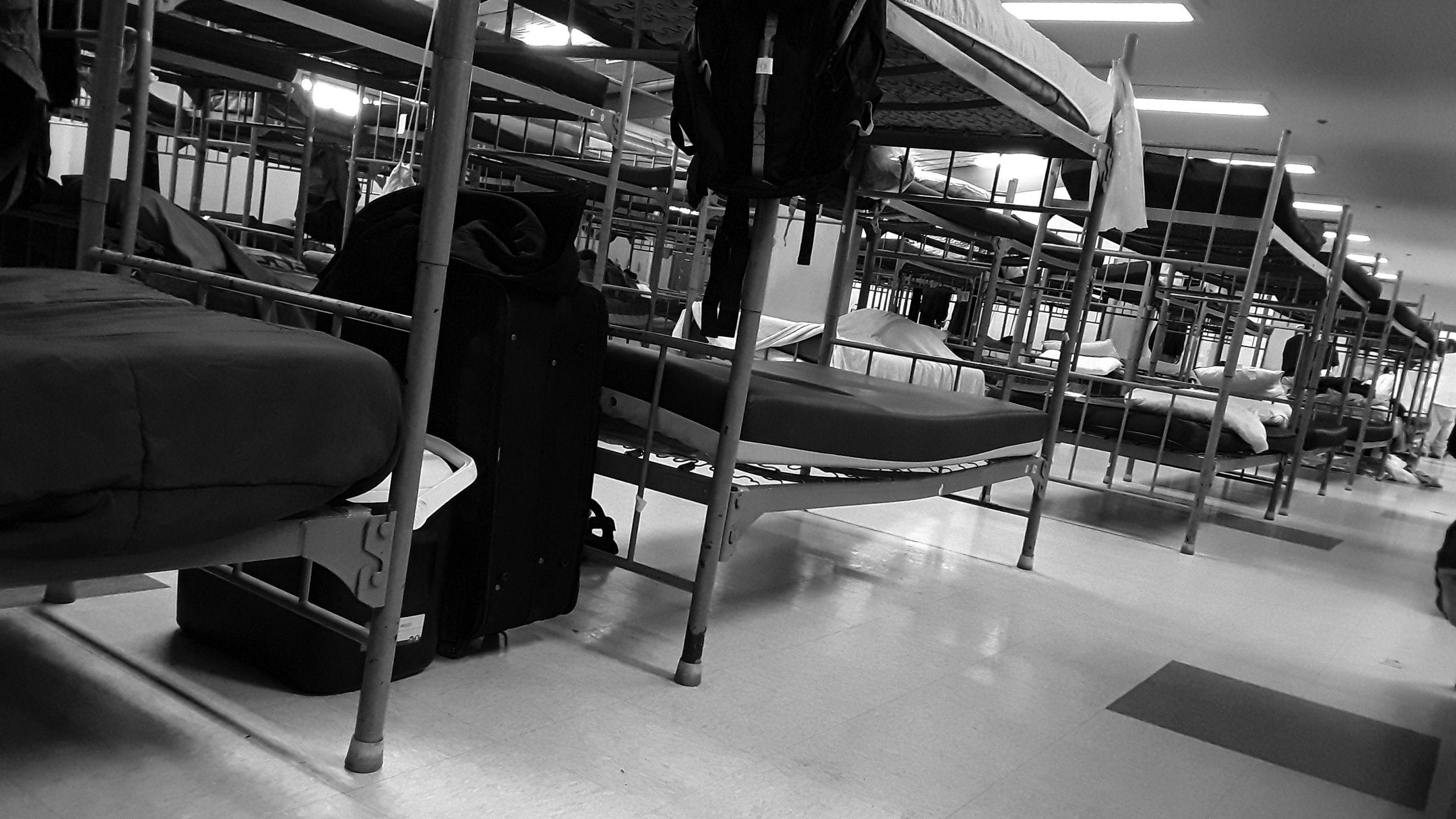 Rows of bunkbeds in an Atlanta homeless shelter.