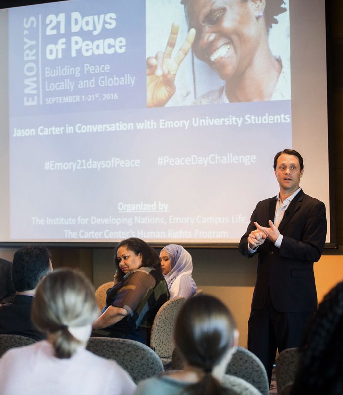 Jason Carter, Chair of The Carter Center Board of Trustees, during the Emory 21 Days of Peace finale event honoring The United Nations International Day of Peace on September 21, 2016 (Photo: Bryan Meltz, Emory Photo/Video)