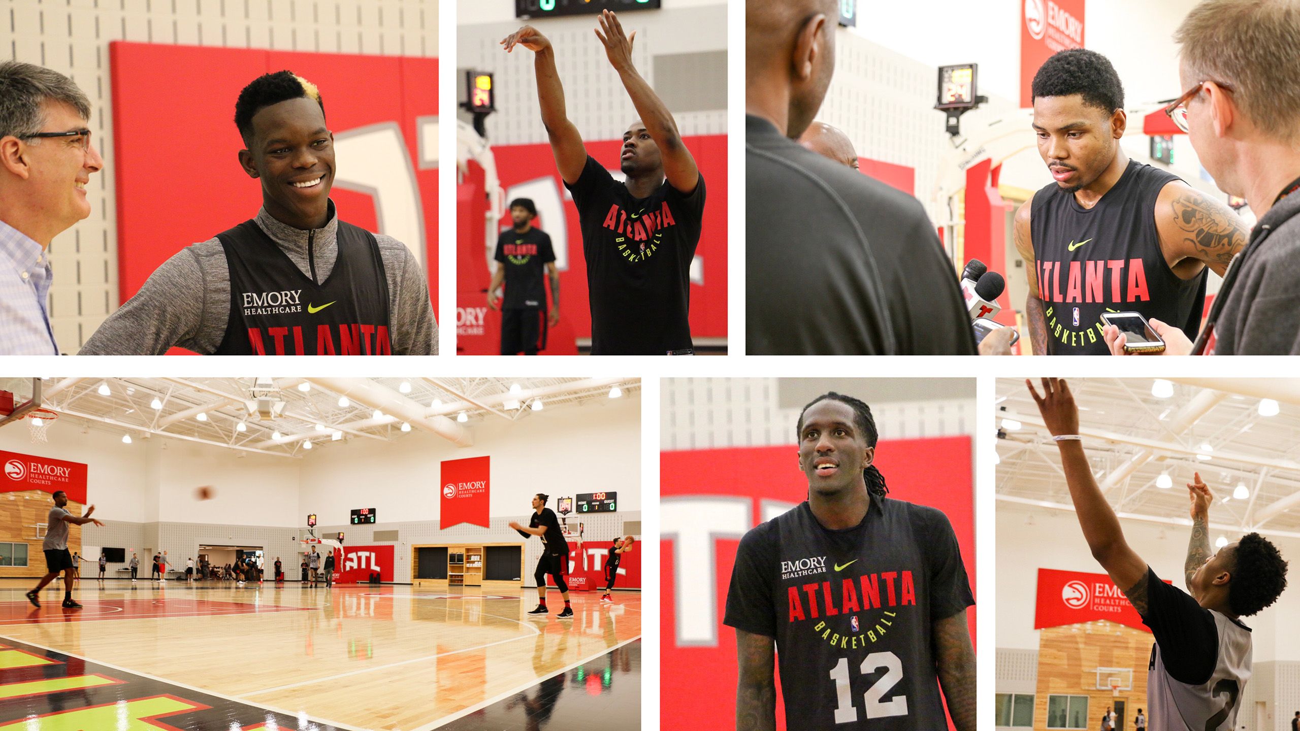 Atlanta Hawks players shoot baskets and scrimmage on the full-sized practice courts.