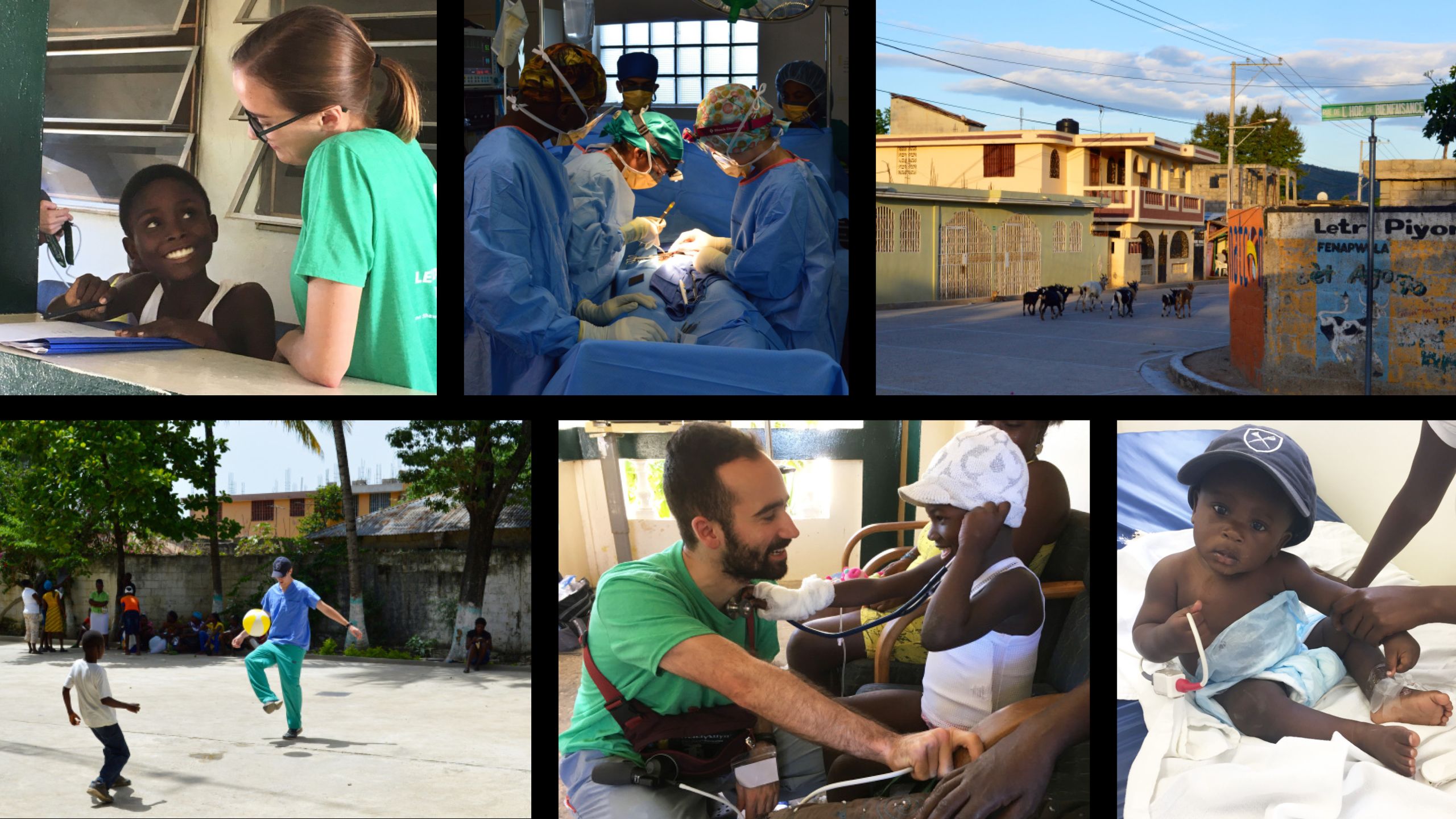 Emory medical volunteers talking with Haitian children, performing operations with headlamps, playing soccer. A scenic shot of a Haitian town with a herd of goats. 