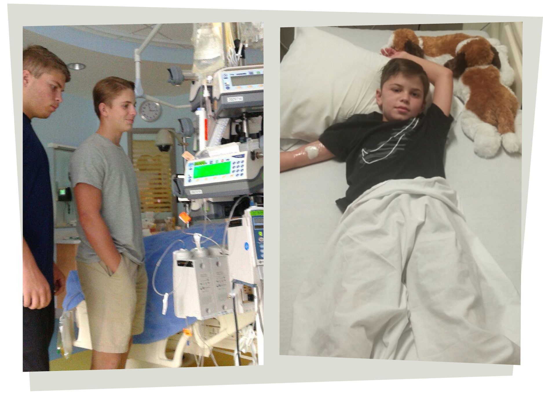 Brayden's older brothers Zach and Justin stand by his bed in the hospital; a photo of Brayden in bed with two stuffed animals to keep him company during recovery.