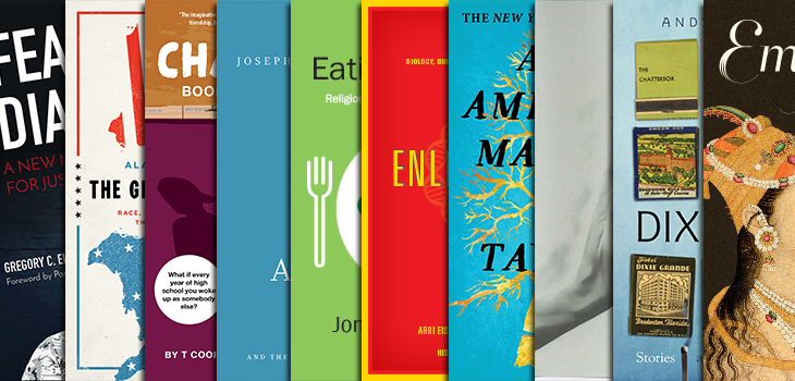 A collage shows the edges of book covers by Emory authors.