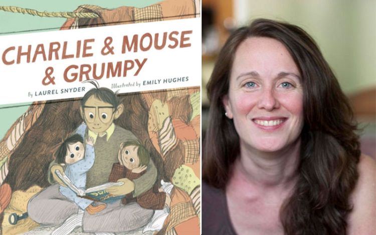 A photo of Laurel Snyder and the cover of her book "Charlie & Mouse & Grumpy"