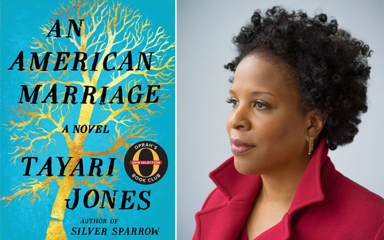 A photo of Tayari Jones and her book "An American Marriage"