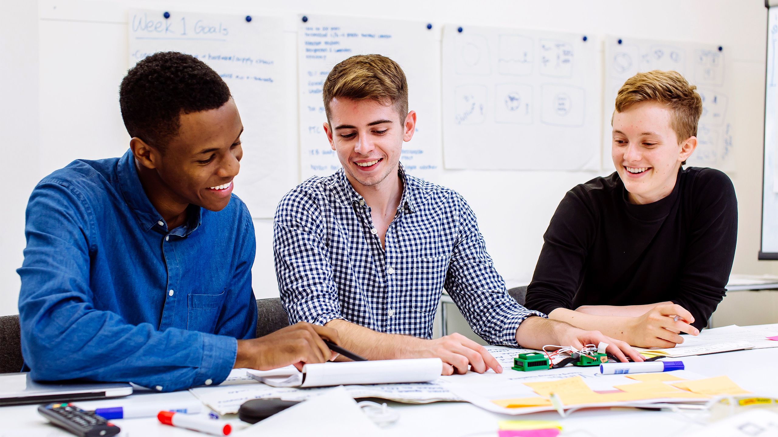 Vimband team members sit at a table covered with notepads, markers, sticky notes and the Vimband prototype.