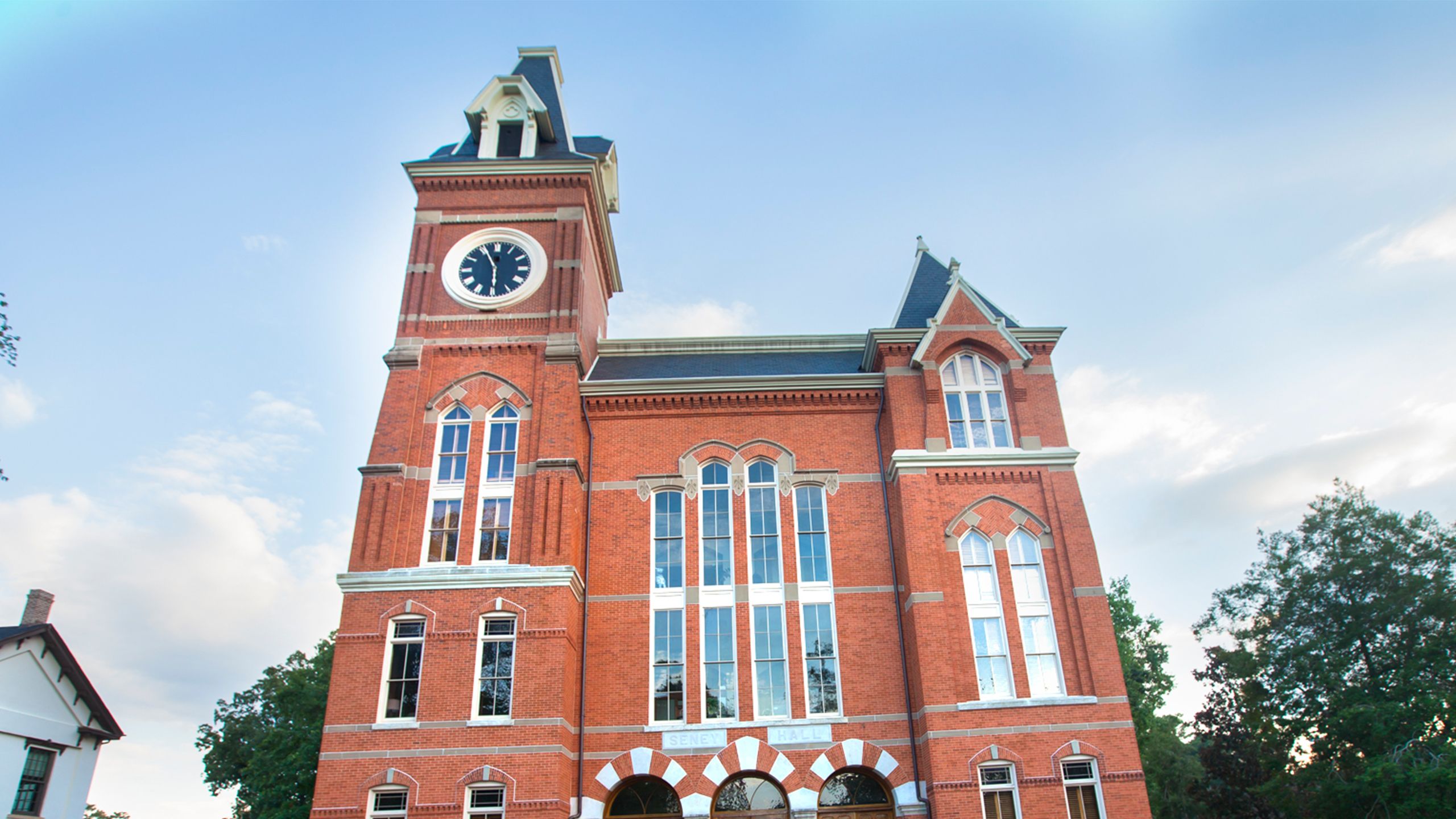 The clock tower on Seney Hall at Oxford College