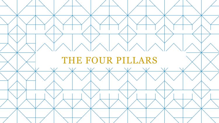 A graphic outlines the four pillars of the strategic plan. The first screen is a title reading "The Four Pillars."