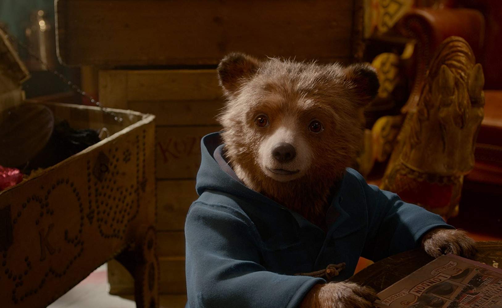 An animated Paddington Bear in a scene from the film "Paddington 2"