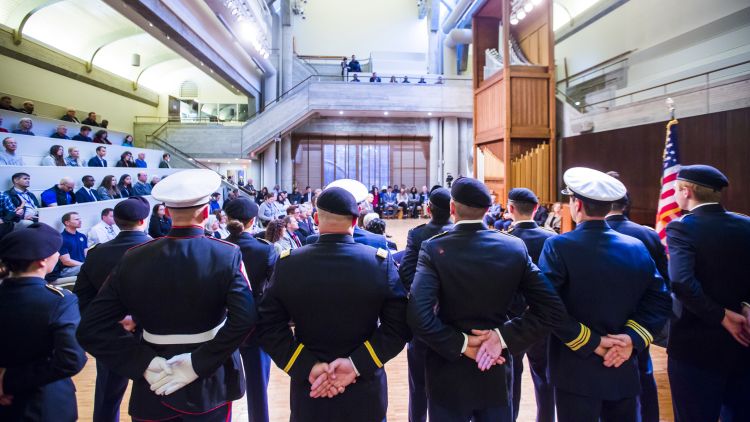 A group of servicepeople line up in formation at the Emory Veteran's Day ceremony