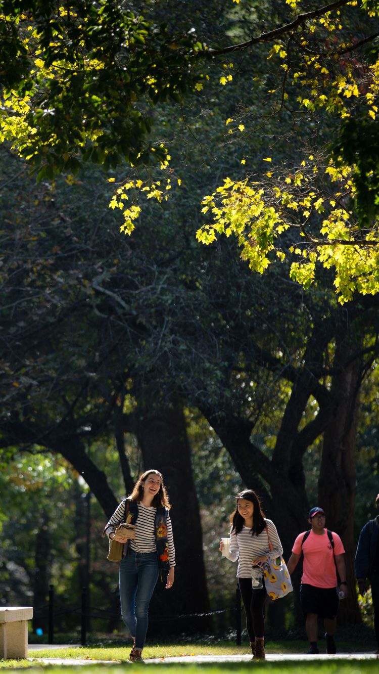 Two Emory students walk through a park