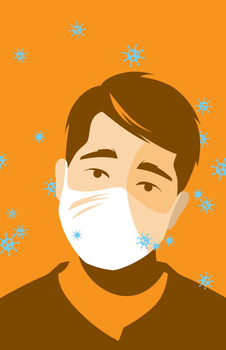Illustration of a man wearing a flu mask, with "germs" around his head. 