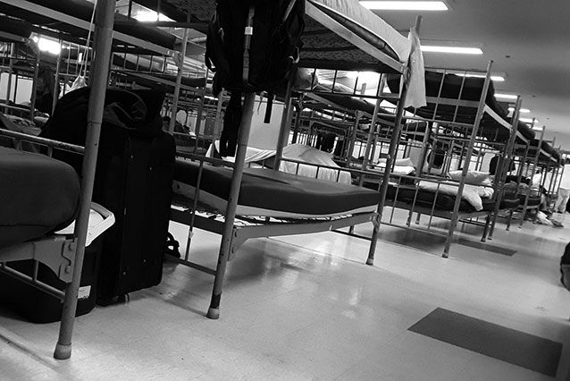 Rows of bunkbeds in an Atlanta homeless shelter.