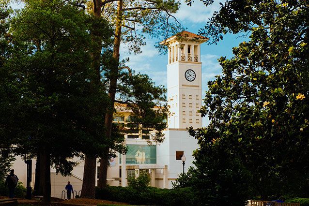 A scenic view of the Emory University Cox Hall clock tower