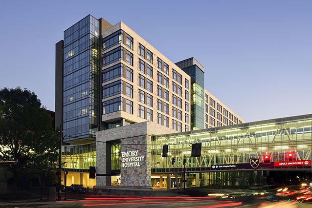 A view of Emory University Hospital in the evening