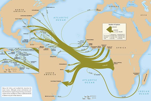 A rendering of map of slave voyages from Africa to the Americas