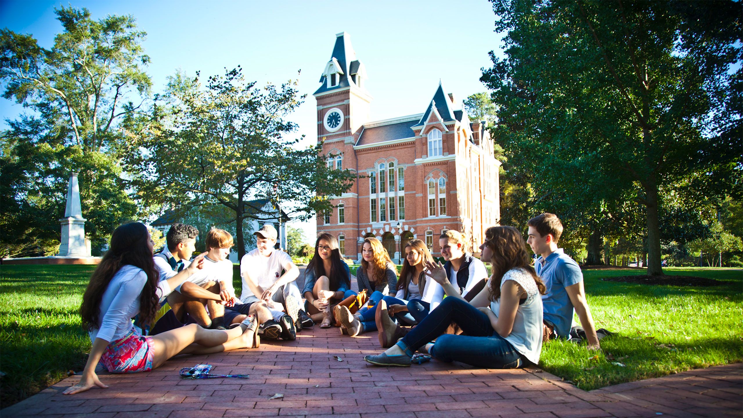An exterior view of Seney Hall, with its iconic clock tower.