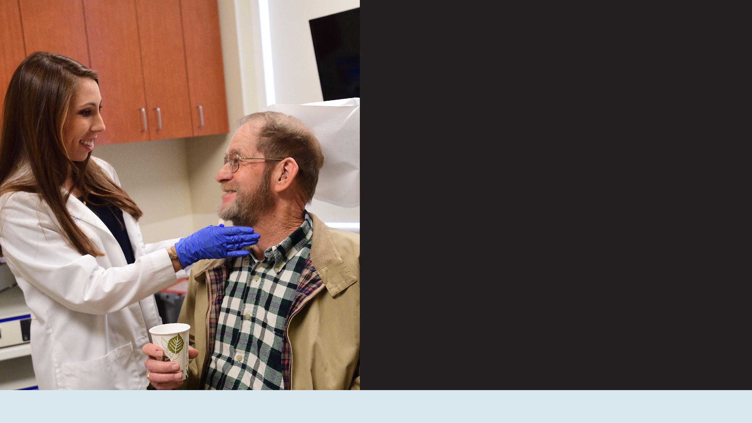 Speech and swallowing therapist Hannah Cornett sees patient Rayford Cleveland for a follow-up check.