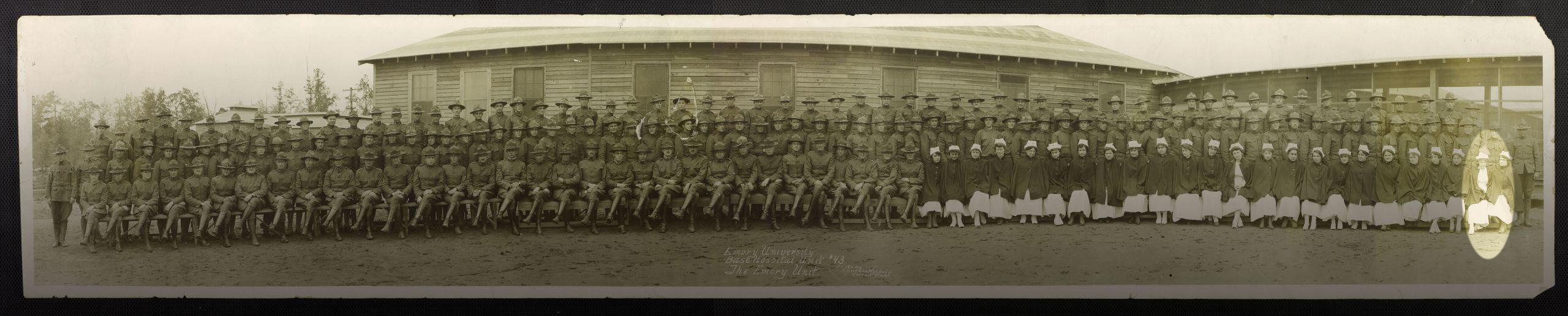 The Emory Unit at Camp Gordon, where members trained for deployment to France during World War I. Nurse Camille O'Brien is highlighted.