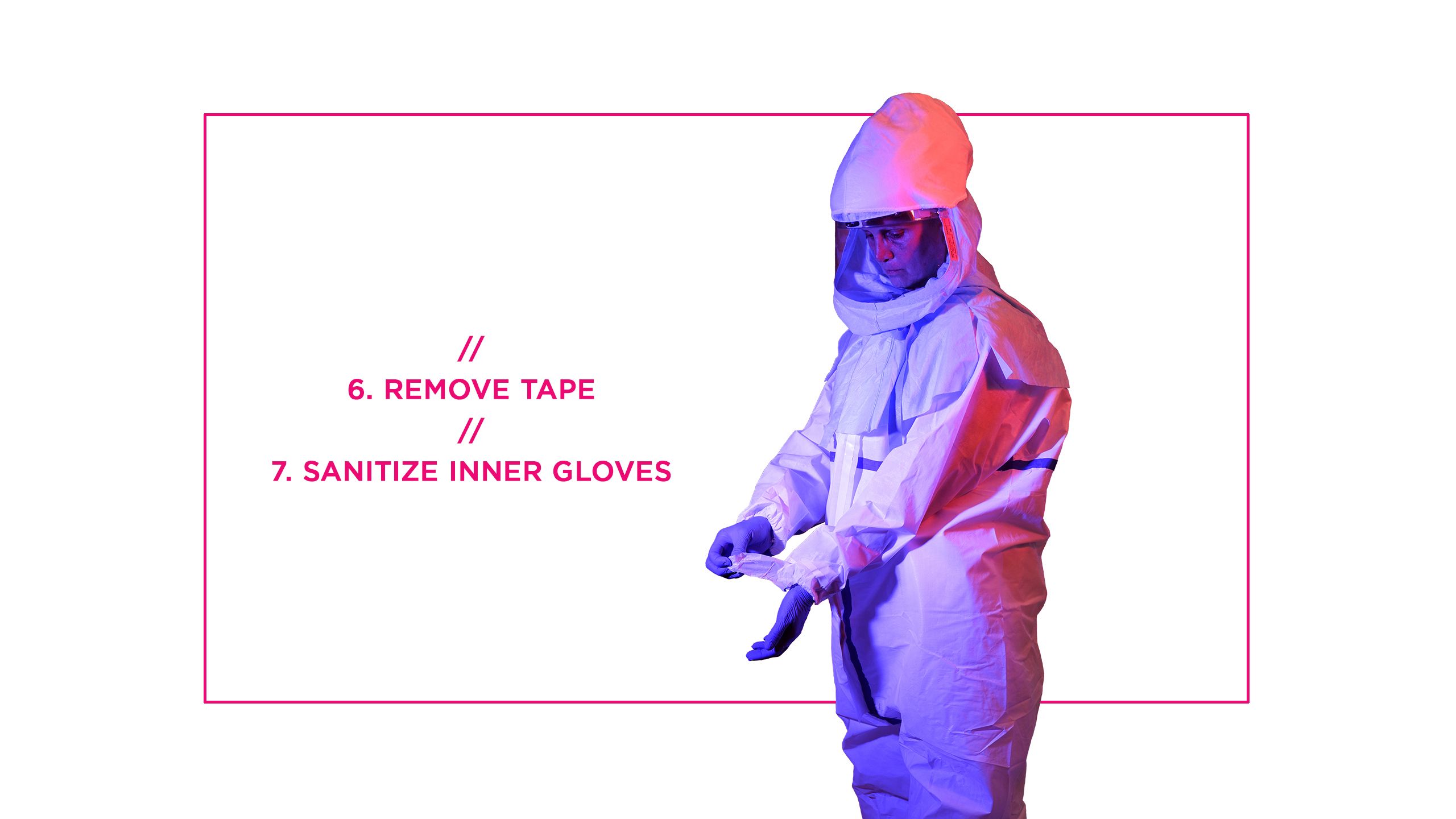 6. Remove tape 7. Sanitize inner gloves