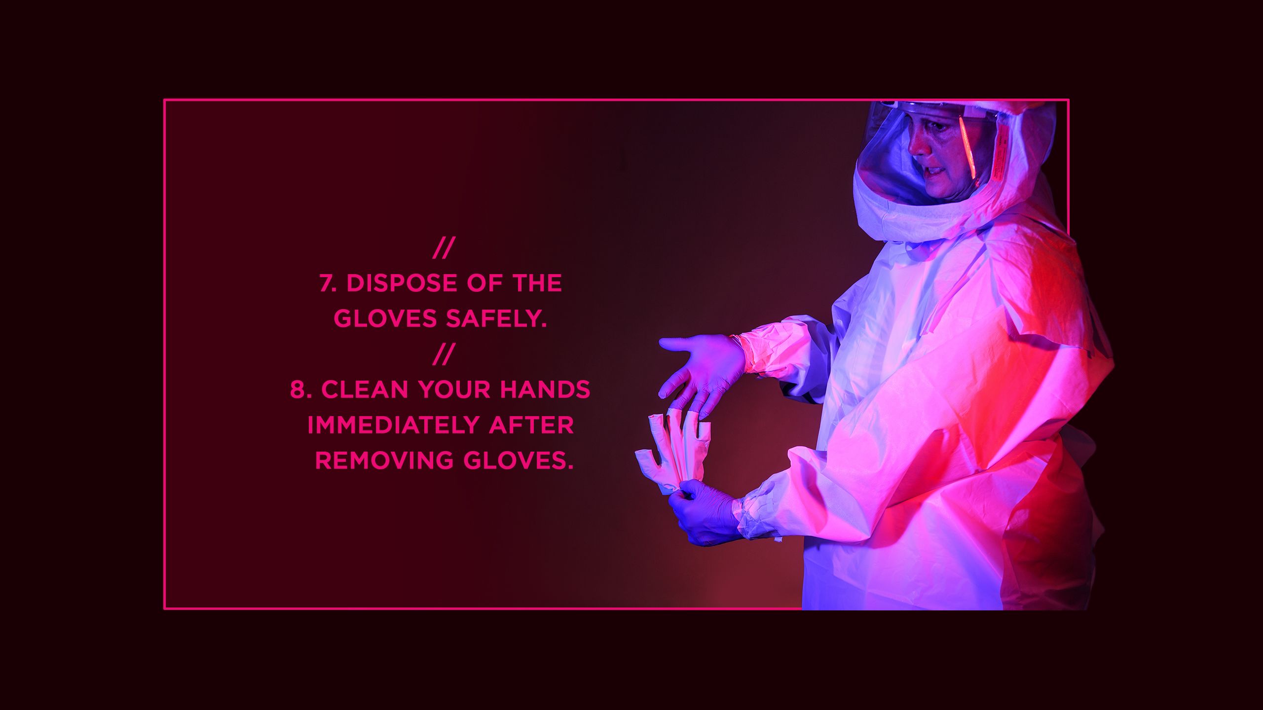 Nurse Jill Morgan wearing PPE and doffing gloves