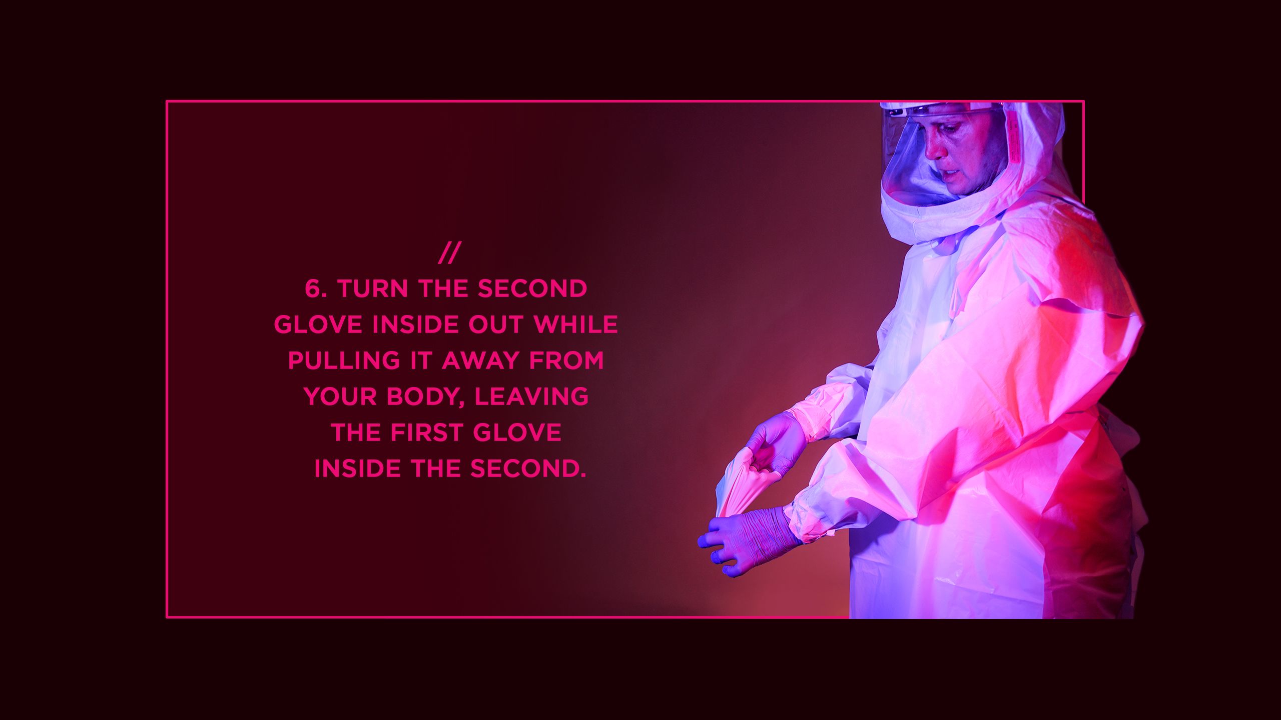 Nurse Jill Morgan wearing PPE and doffing gloves