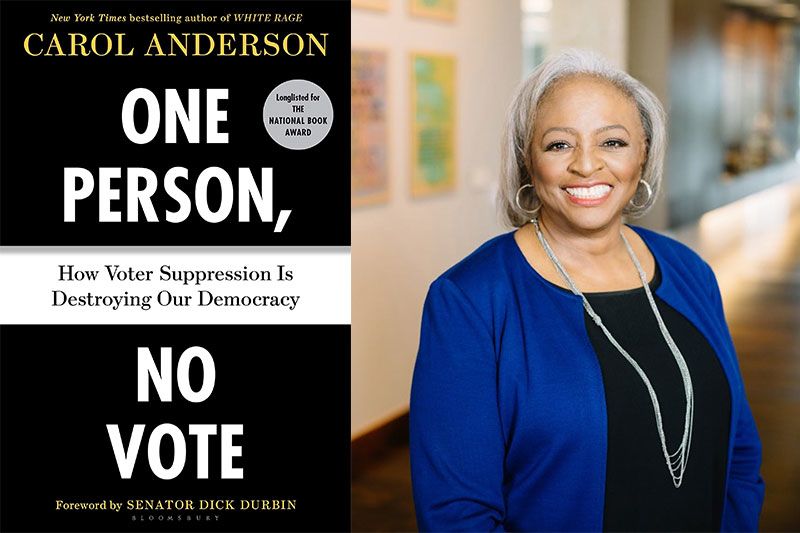 The book cover for "One Person, No Vote" and a portrait of author Carol Anderson