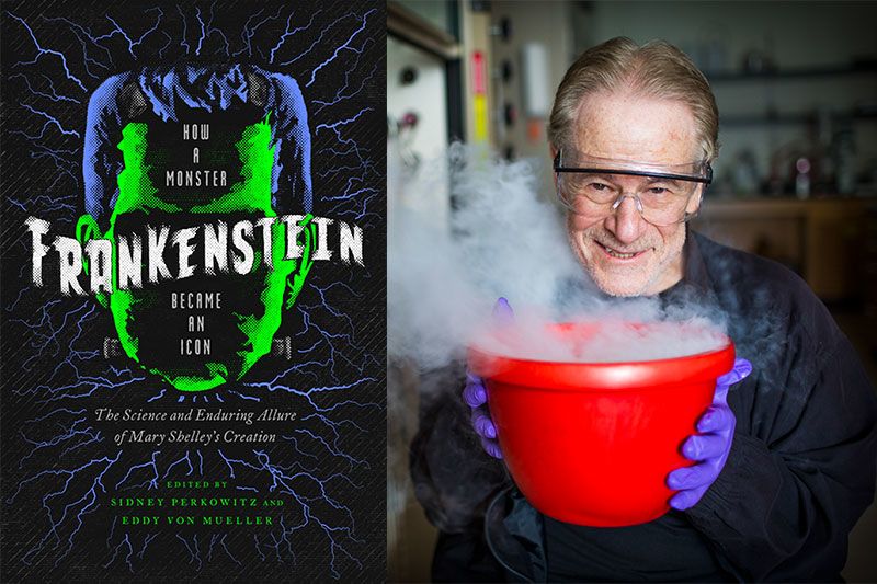 The book cover for "Frankenstein: How a Monster Became and Icon" and a portrait of author Sidney Perkowitz