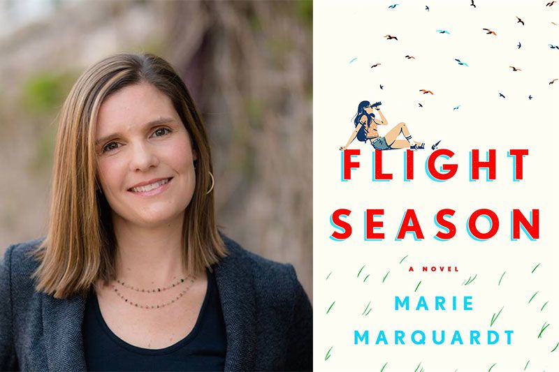 The book cover for "Flight Season" and a portrait of author Marie Marquardt