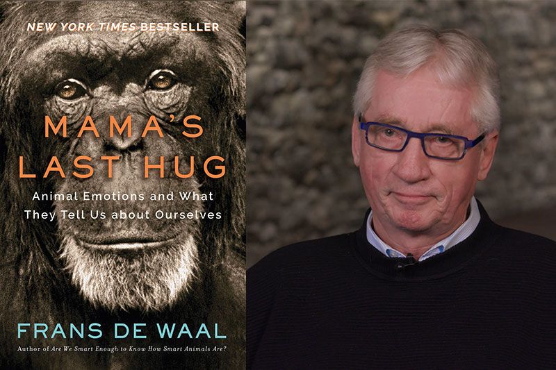 The book cover for "Mama's Last Hug" and a portrait of author Frans de Waal